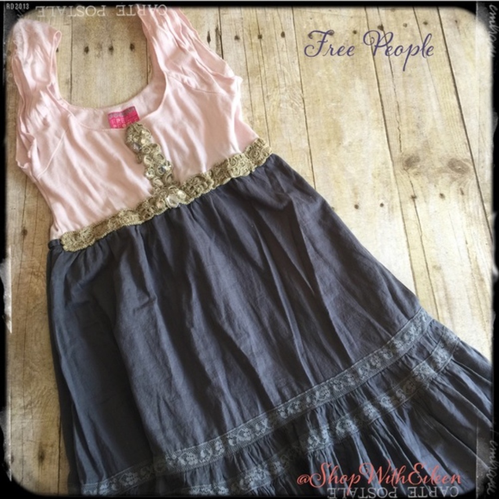 FREE PEOPLE Boho Pink & Chambray Dress